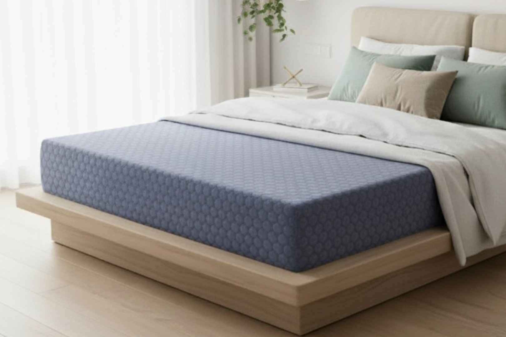 Colchón de espuma azul sobre una plataforma de cama de madera en un dormitorio luminoso, con almohadas y edredón.