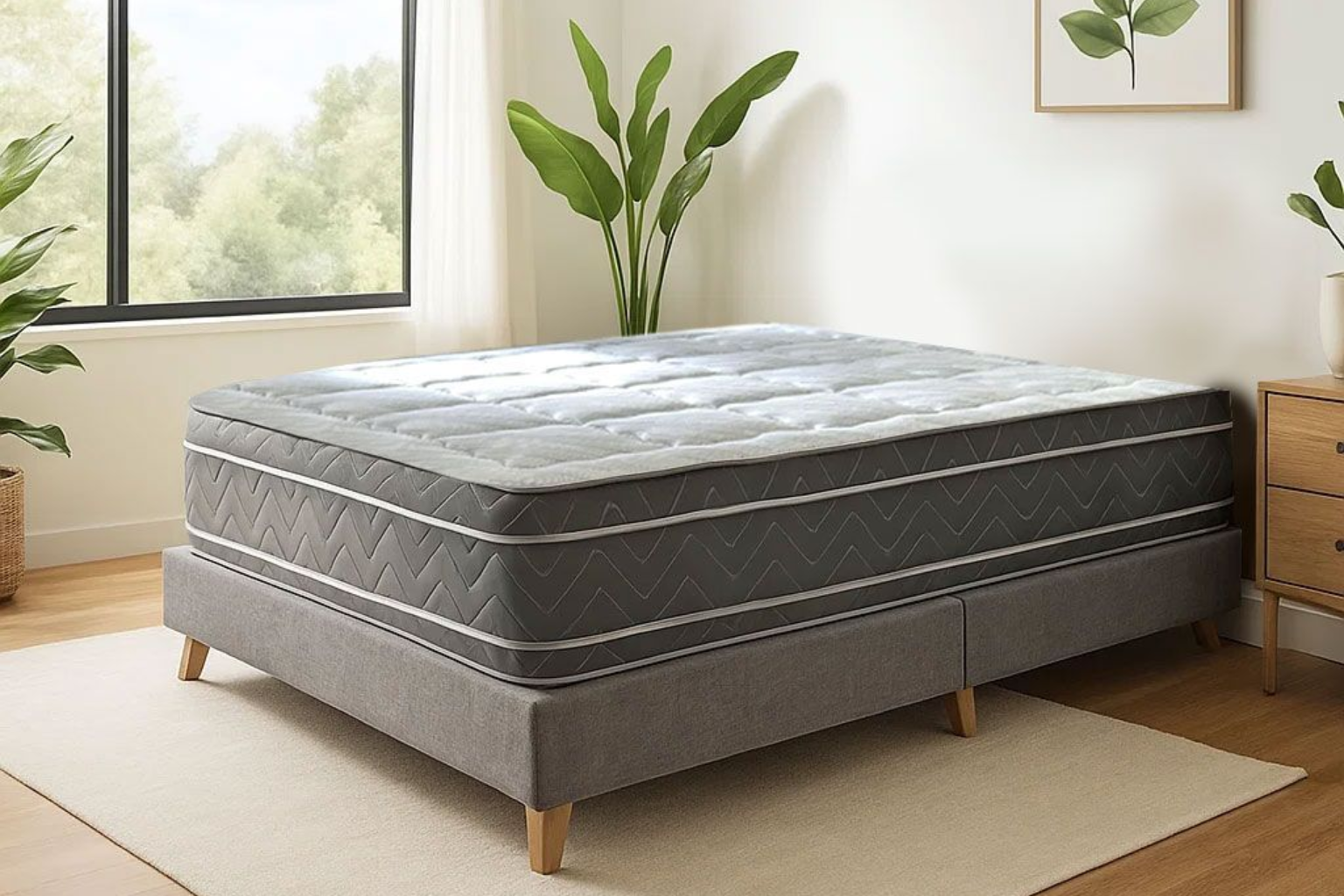 Colchón gris sobre una cama de plataforma gris en una habitación luminosa con plantas y una ventana.