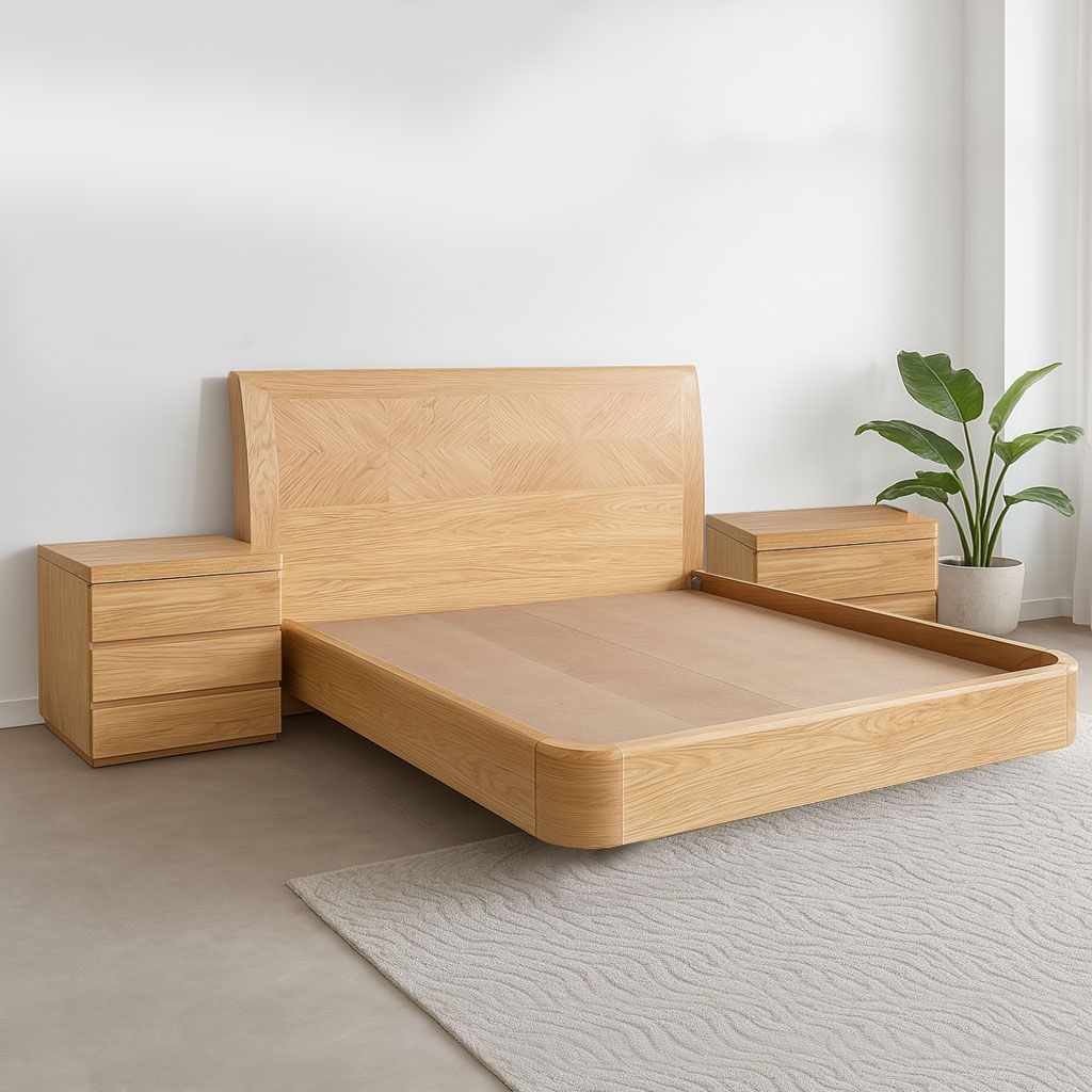 Cama minimalista de madera con mesitas de noche a juego en un dormitorio luminoso y austero.
