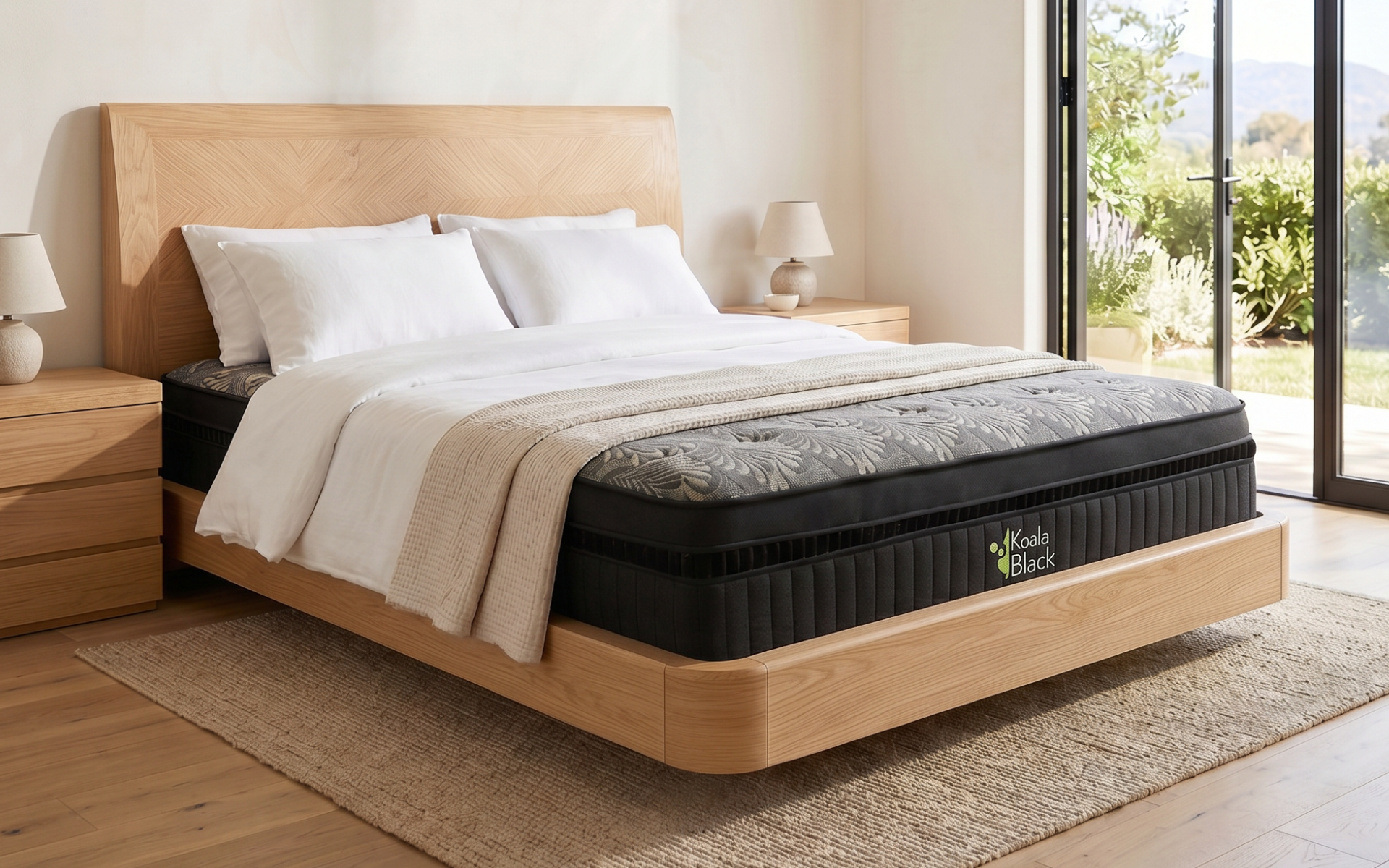 Cama moderna con ropa de cama blanca, estructura beige y mesitas de noche en un dormitorio luminoso con grandes ventanas.