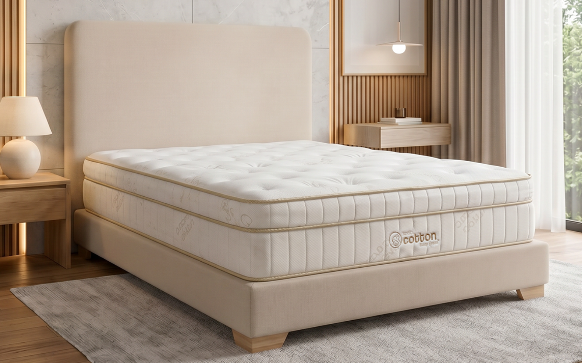 Cama moderna tapizada en color beige en un dormitorio con iluminación tenue, con colchón capitoné y mesitas de noche de madera.