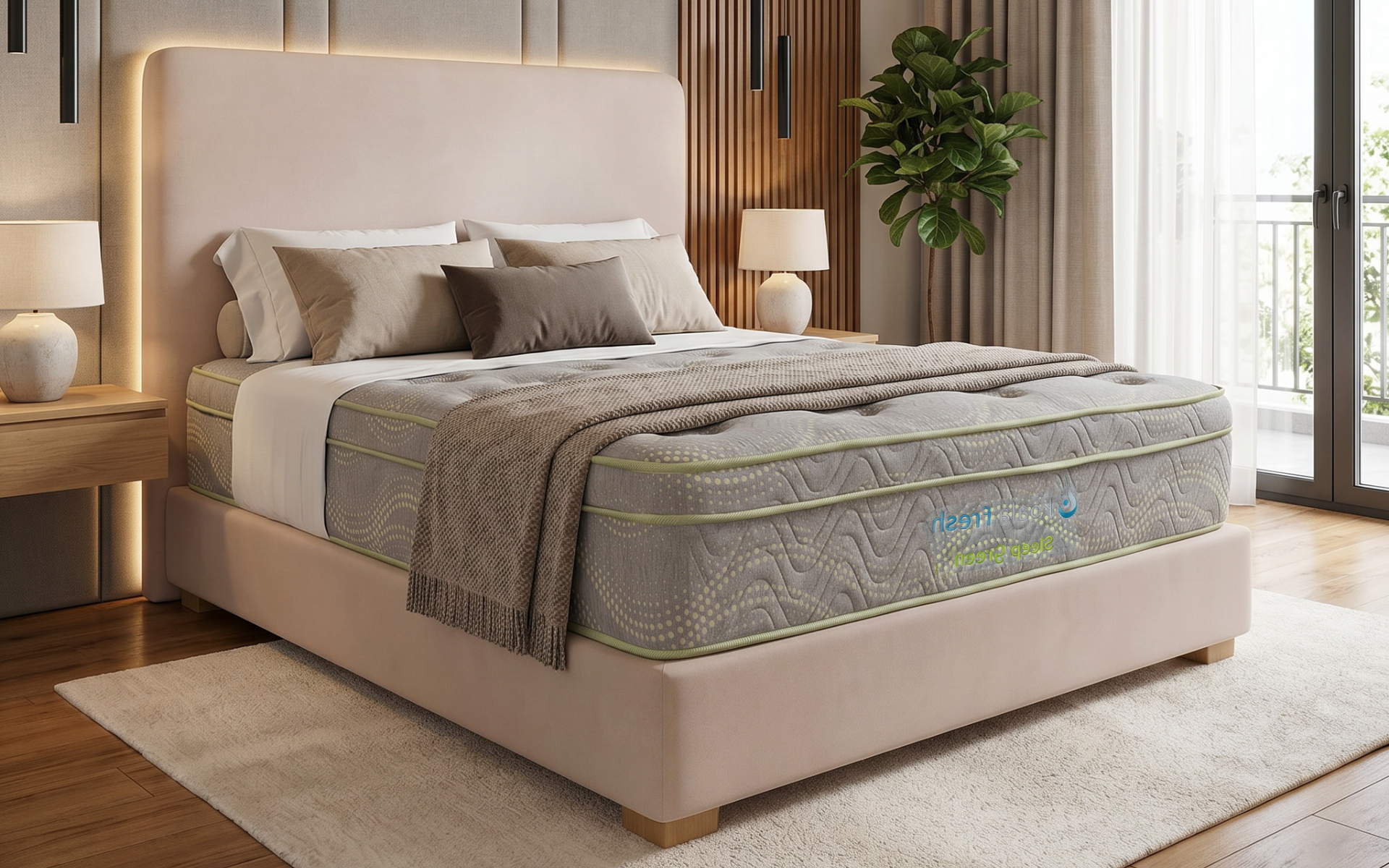 Dormitorio moderno con cama tapizada en color beige, ropa de cama en tonos neutros, lámparas de noche y una ventana grande.