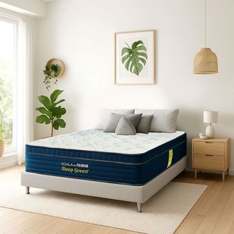 Una cama con un colchón y almohadas en un dormitorio.