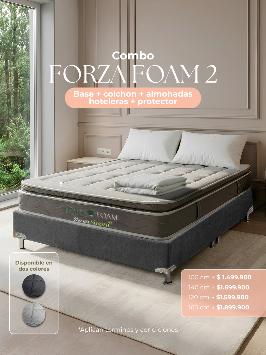 Conjunto de dormitorio: estructura de cama, colchón, almohadas y manta color gris oscuro; disponible en dos colores.