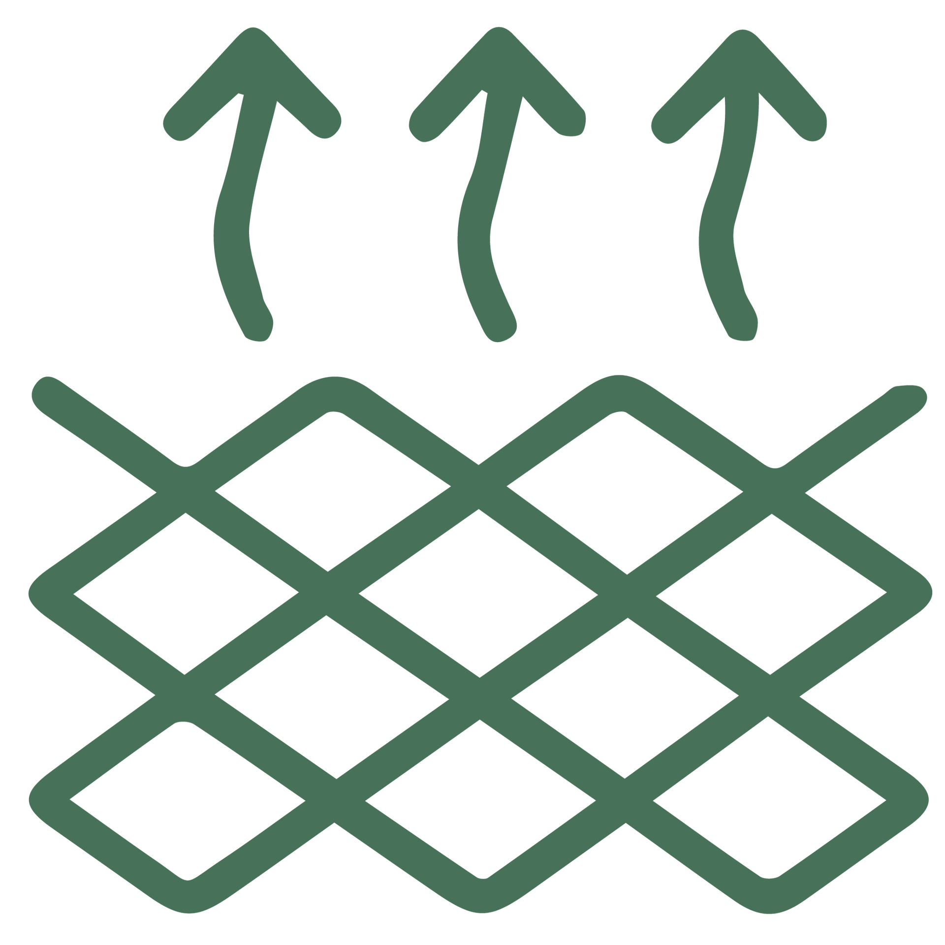 Tela verde con tres flechas apuntando hacia arriba, indicando transpirabilidad.