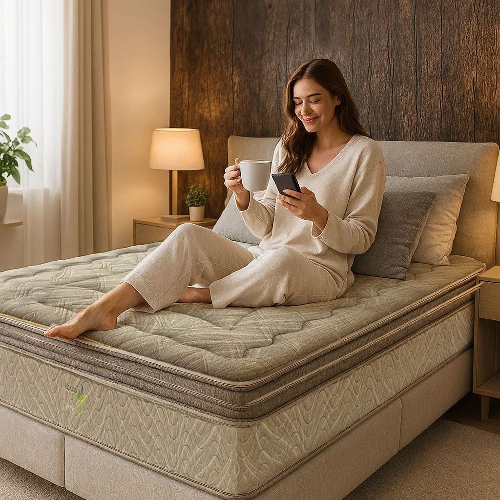 Una cama con un colchón y almohadas encima en un dormitorio.