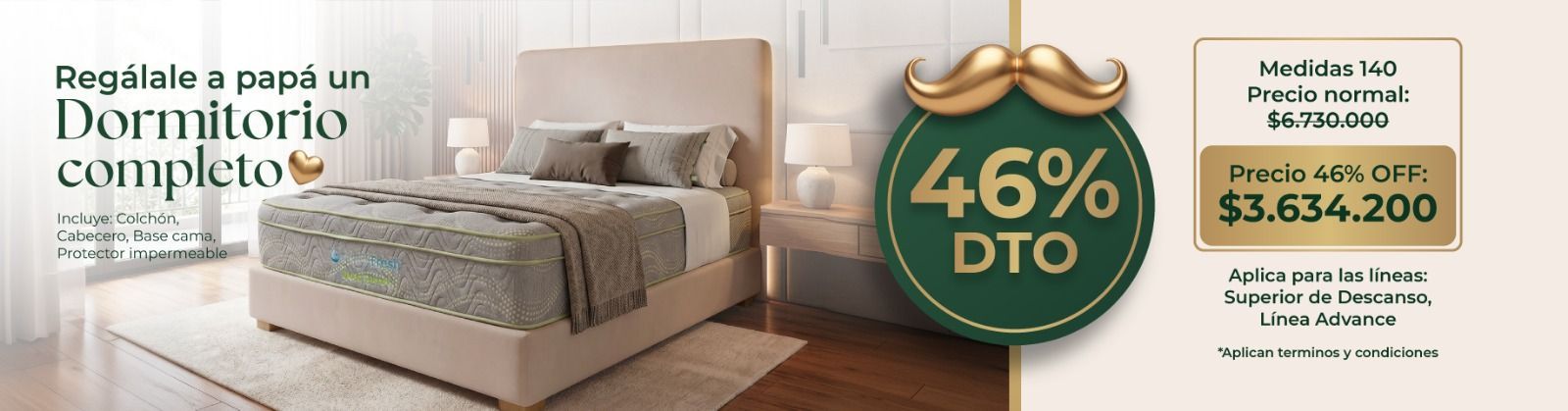 Anuncio promocional de un conjunto de colchón blanco con texto rosa y oferta de “46% de descuento”.