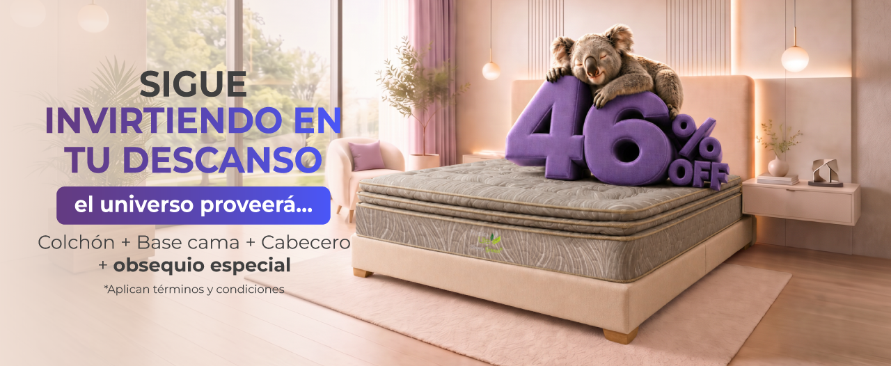 Anuncio promocional de un conjunto de colchón blanco con texto rosa y oferta de “46% de descuento”.