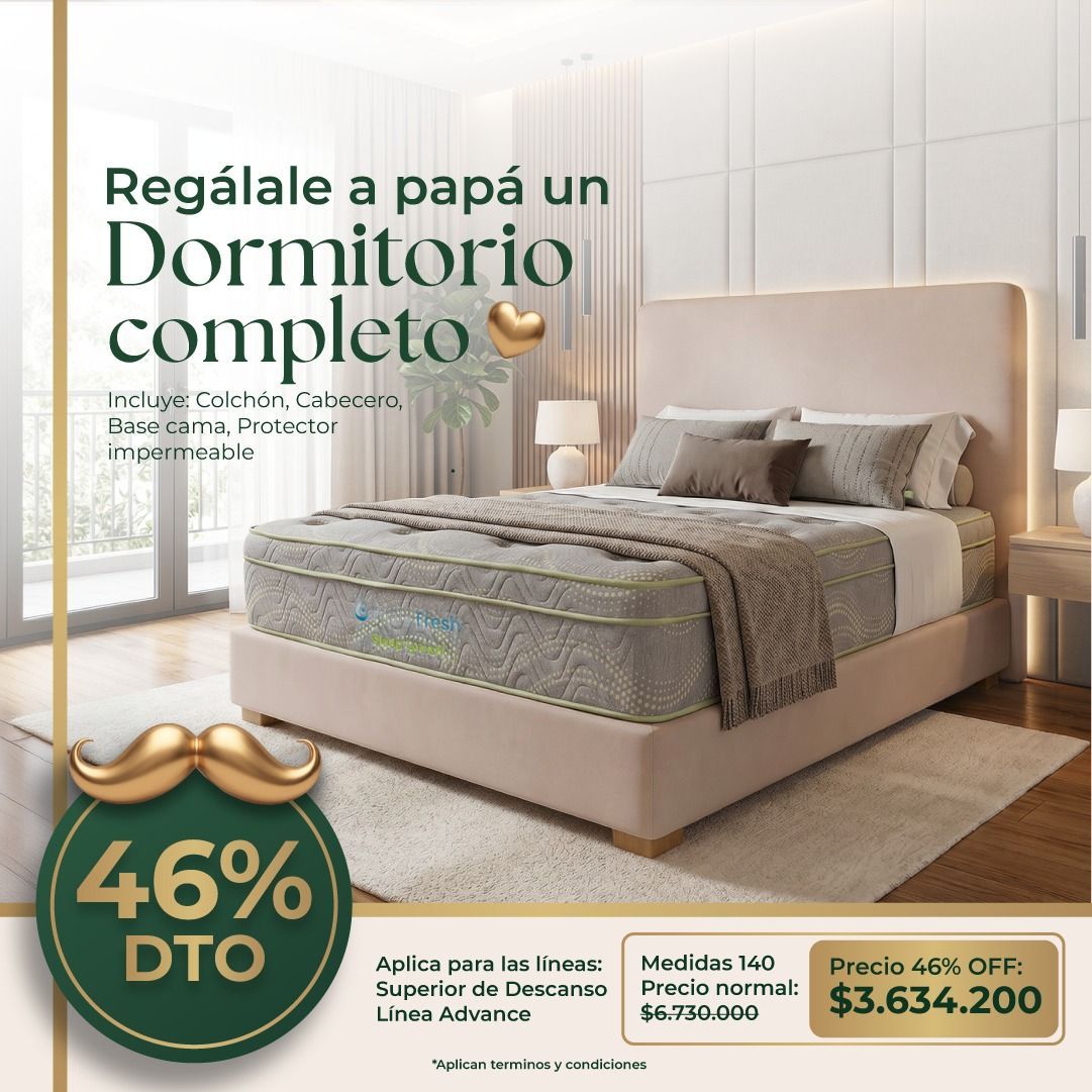 Anuncio promocional de un conjunto de colchón blanco con texto rosa y oferta de “46% de descuento”.