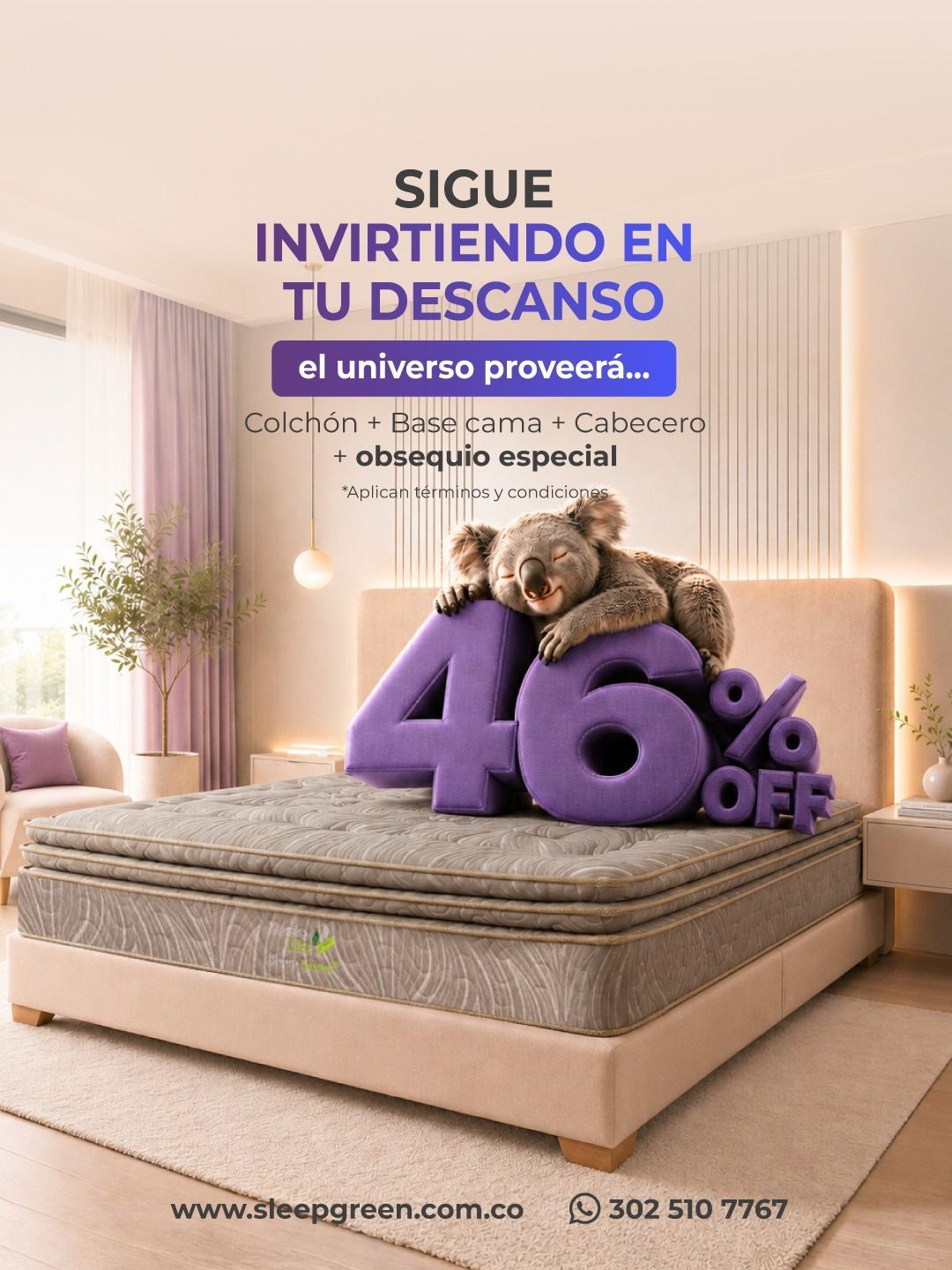 Anuncio promocional de un conjunto de colchón blanco con texto rosa y oferta de “46% de descuento”.