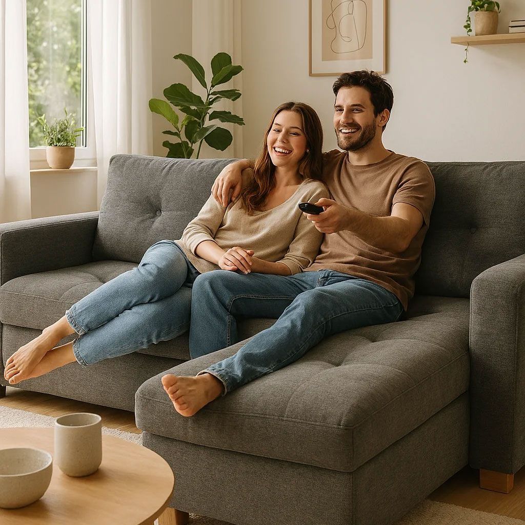 Una cama con cabecero azul y dos mesitas de noche en un dormitorio.