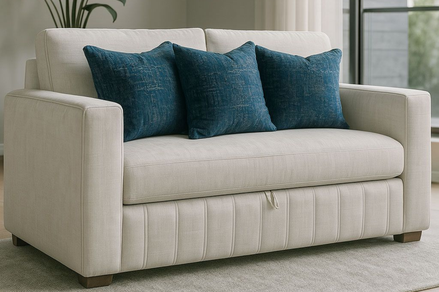 Un sofá de dos plazas color crema con tres cojines decorativos de color verde azulado, con un mecanismo de base extraíble, ubicado en una habitación luminosa.