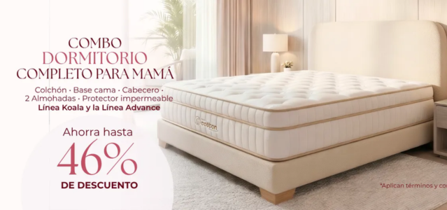 Anuncio promocional de un conjunto de colchón blanco con texto rosa y oferta de “46% de descuento”.