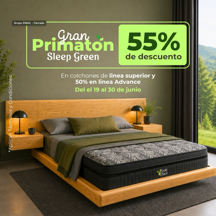 Dormitorio moderno con cama y anuncio verde de “55% de descuento” en Gran Primatón Sleep Green
