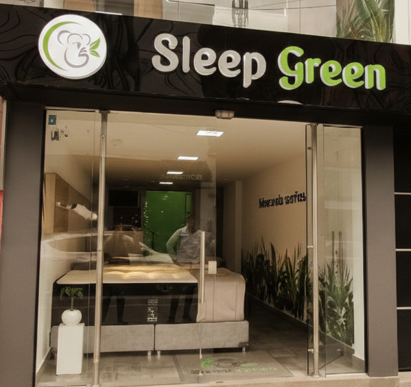 Un colchón acolchado gris descansa sobre una cama con plataforma en una habitación minimalista con una planta en maceta y cuadros enmarcados en la pared.