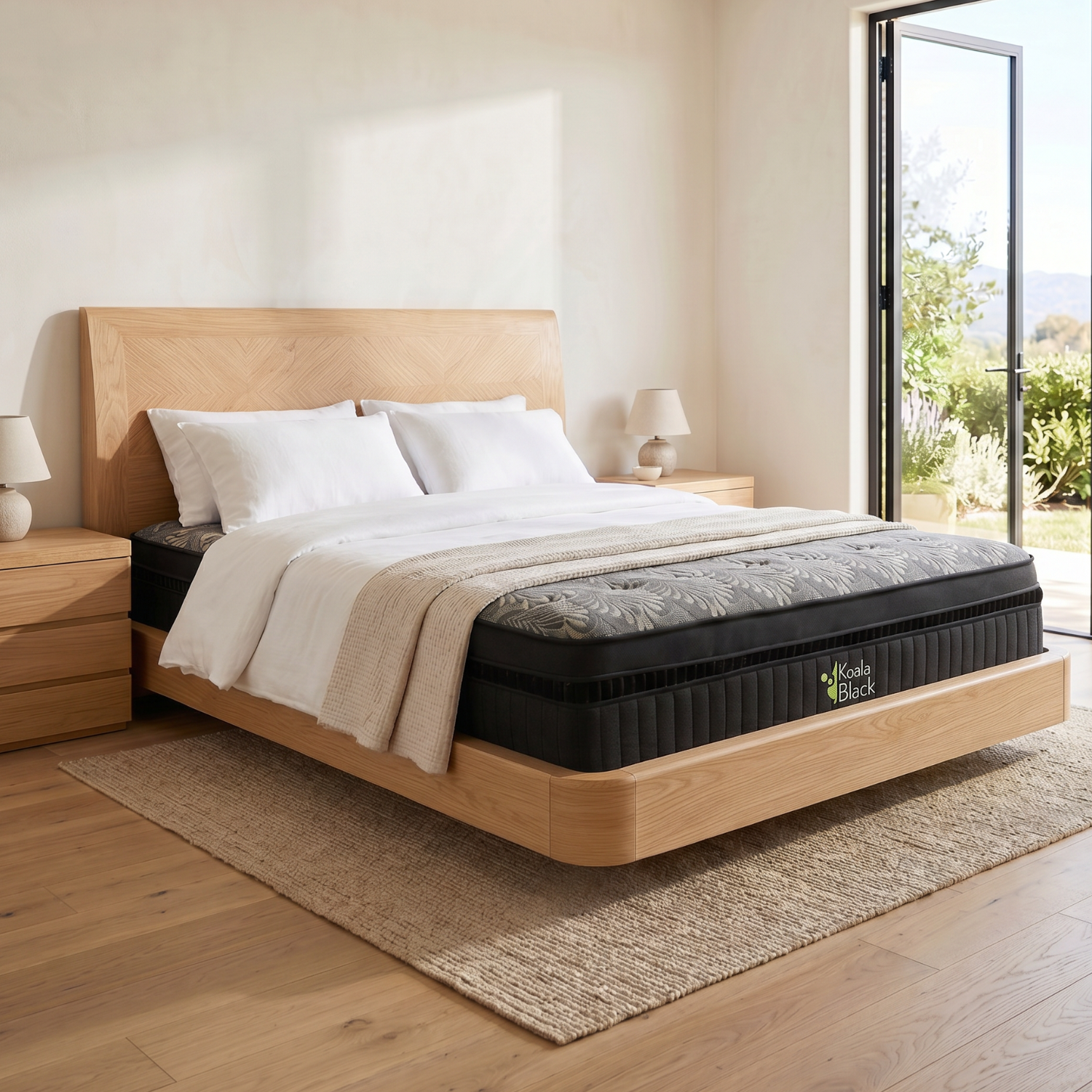 Dormitorio moderno con cama de madera clara, ropa de cama blanca, alfombra y puerta de cristal abierta al jardín.