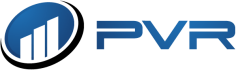 A blue and white logo for a company called pvr