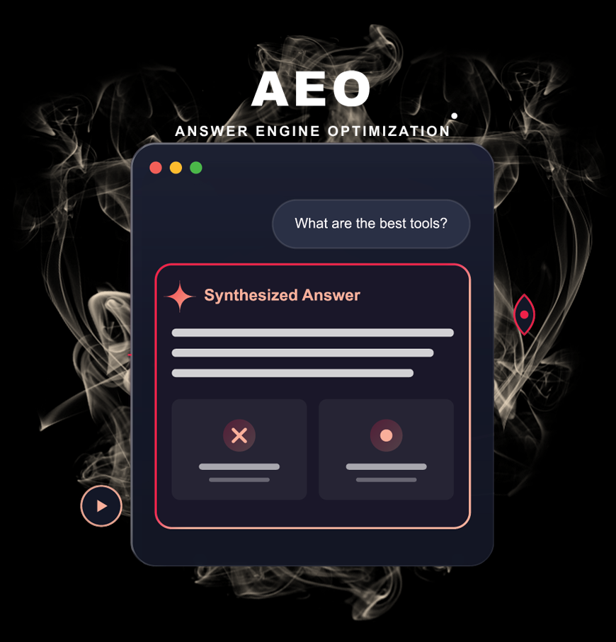 AEO app interface with “Synthesized Answer” card in a dark, neon-accented design