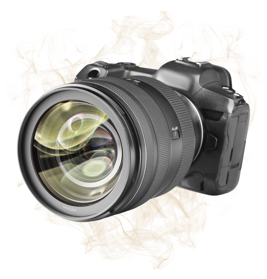 Black DSLR camera with a large lens on a white background