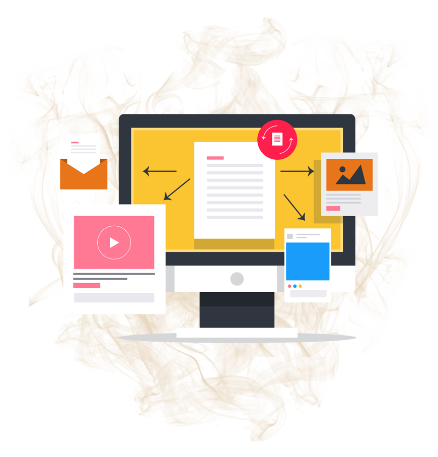 Desktop monitor with colorful app and document icons floating around it