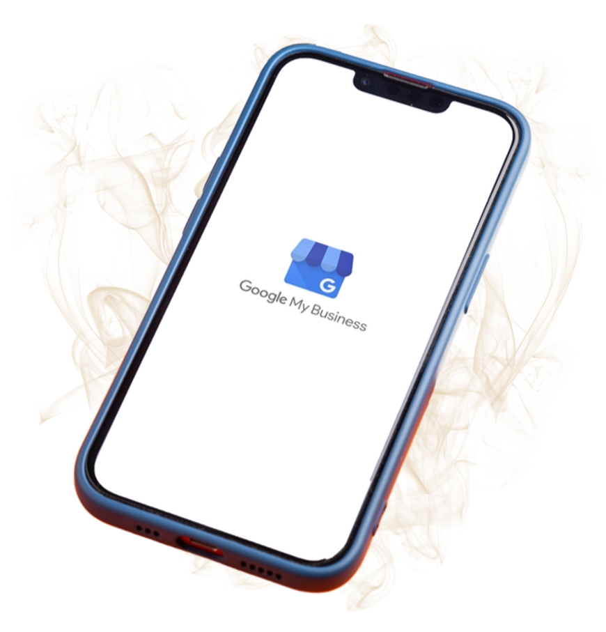 Smartphone screen showing the Google My Business logo on a white background, with a blue phone case