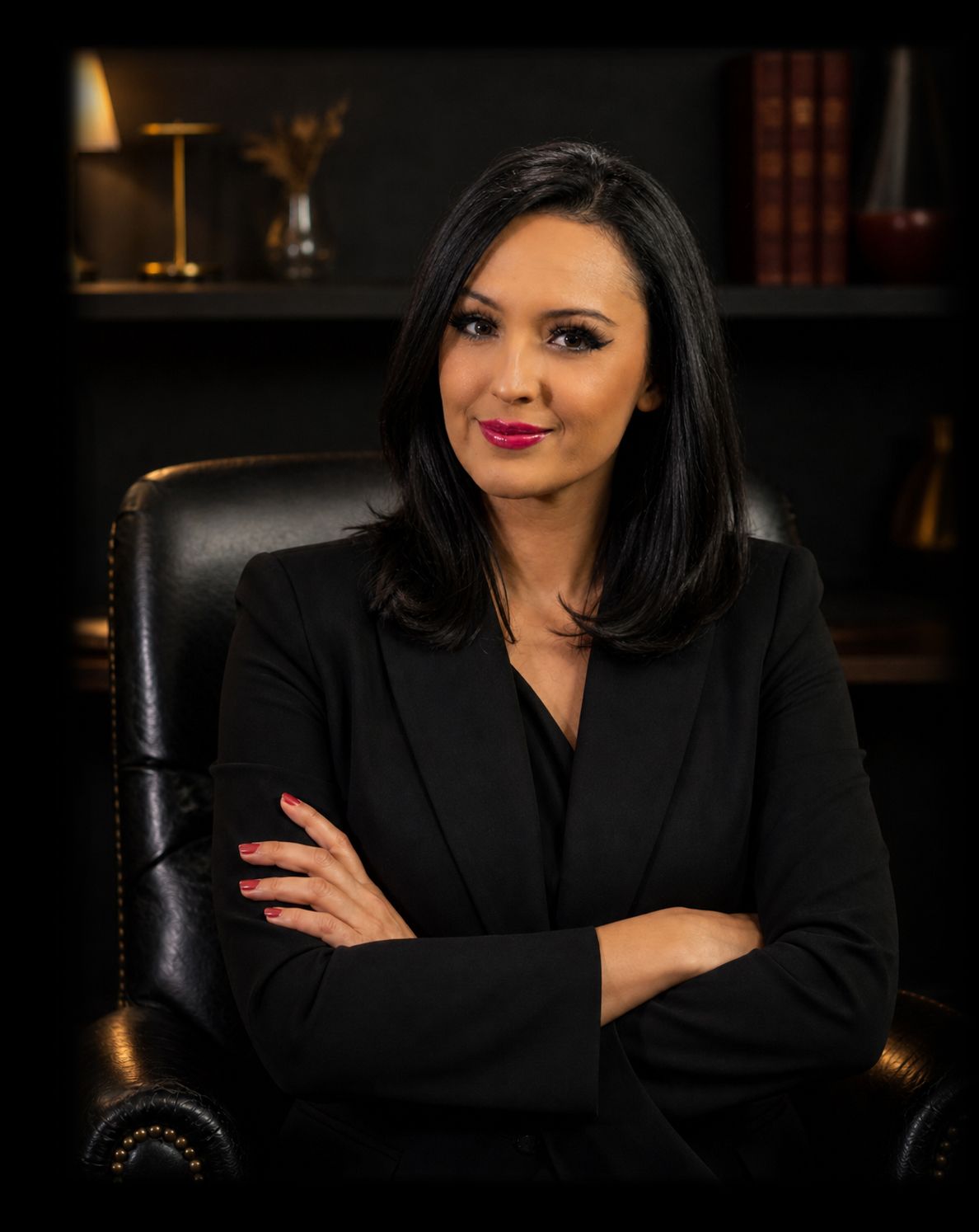 Professional woman in black blazer, seated with arms crossed in a dark office setting.
