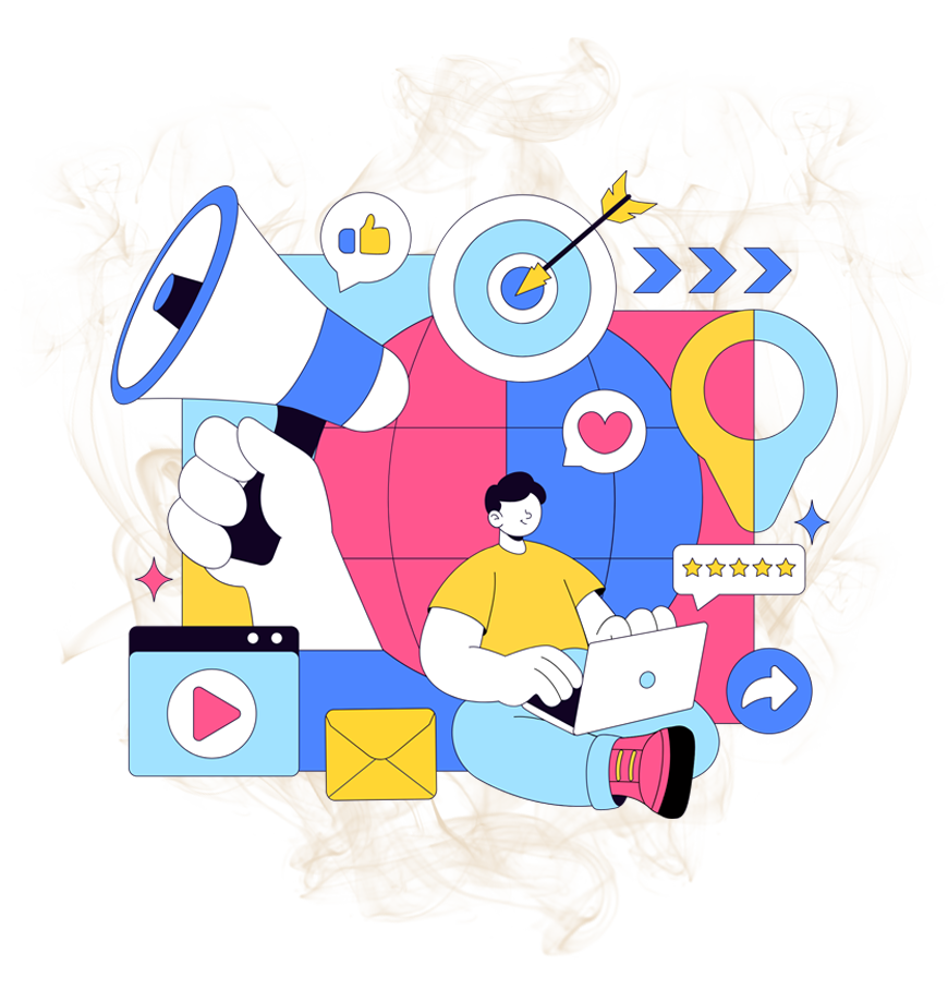 Digital marketing illustration with megaphone, target, social icons, and person using laptop