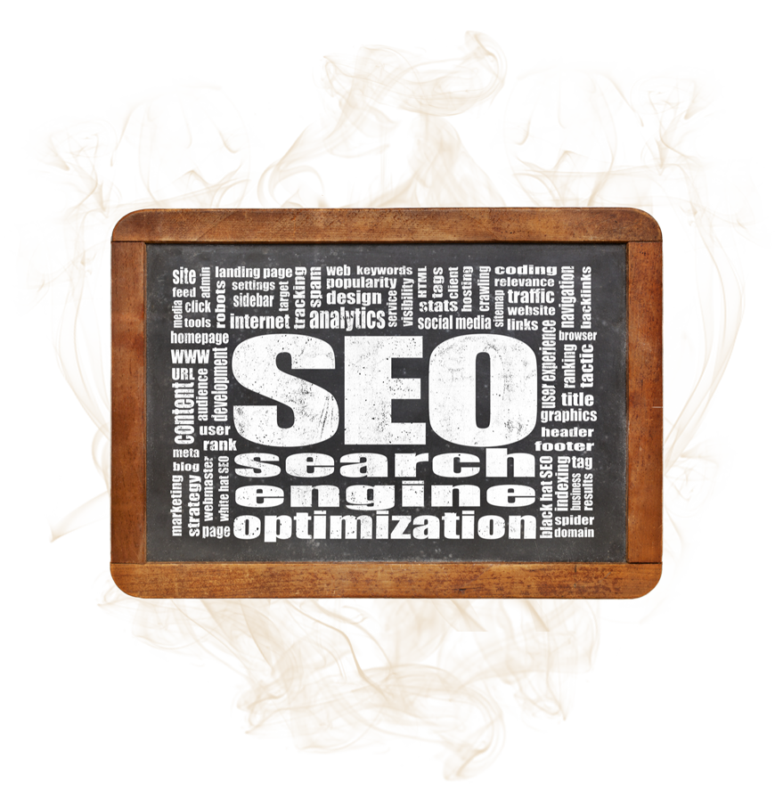 SEO keywords on a chalkboard-style sign with a wooden frame and white text on a light background