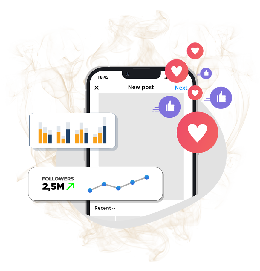 Social media analytics dashboard with charts, follower count, and floating like and heart icons