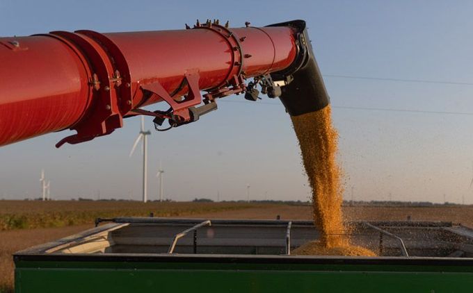 Corn is being poured into a trailer from a combine harvester.