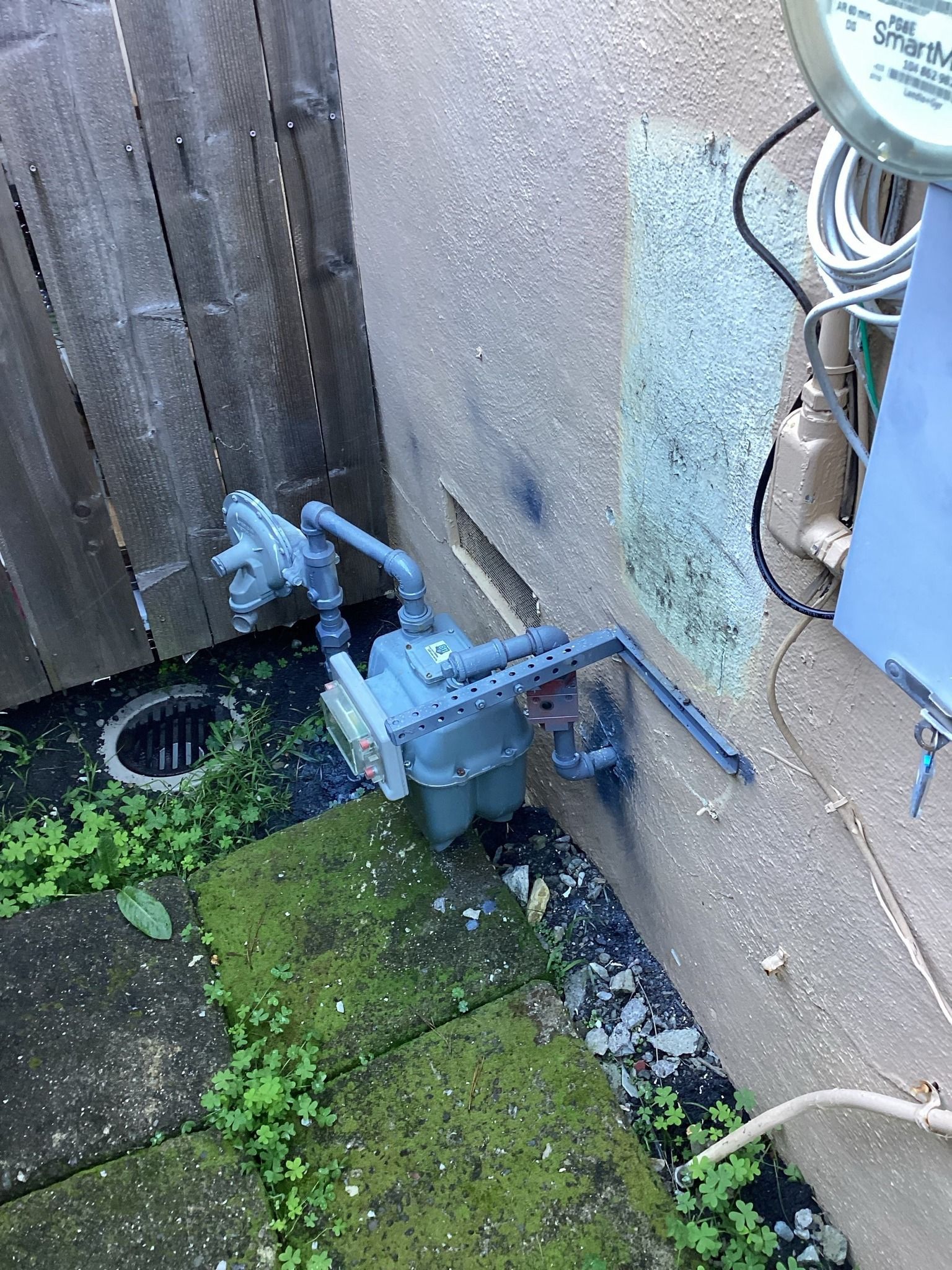 Blue gas meter and pipes attached to a stucco wall next to a wooden fence and green vegetation.