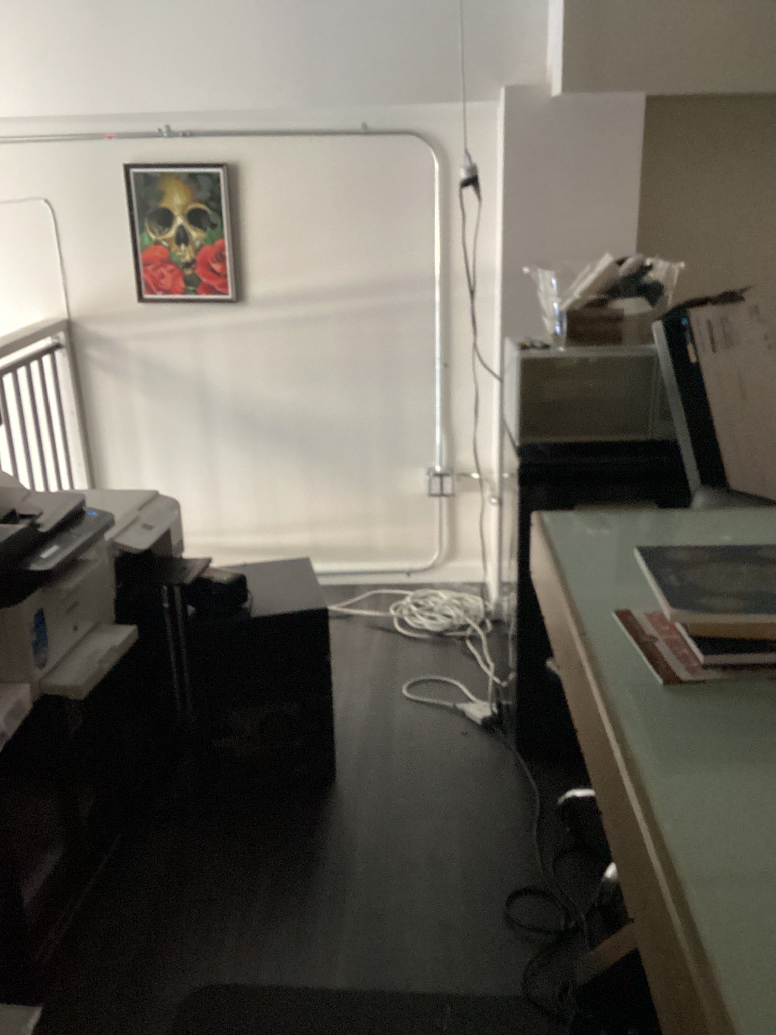 Office corner with a skull painting, black floor, and a printer.