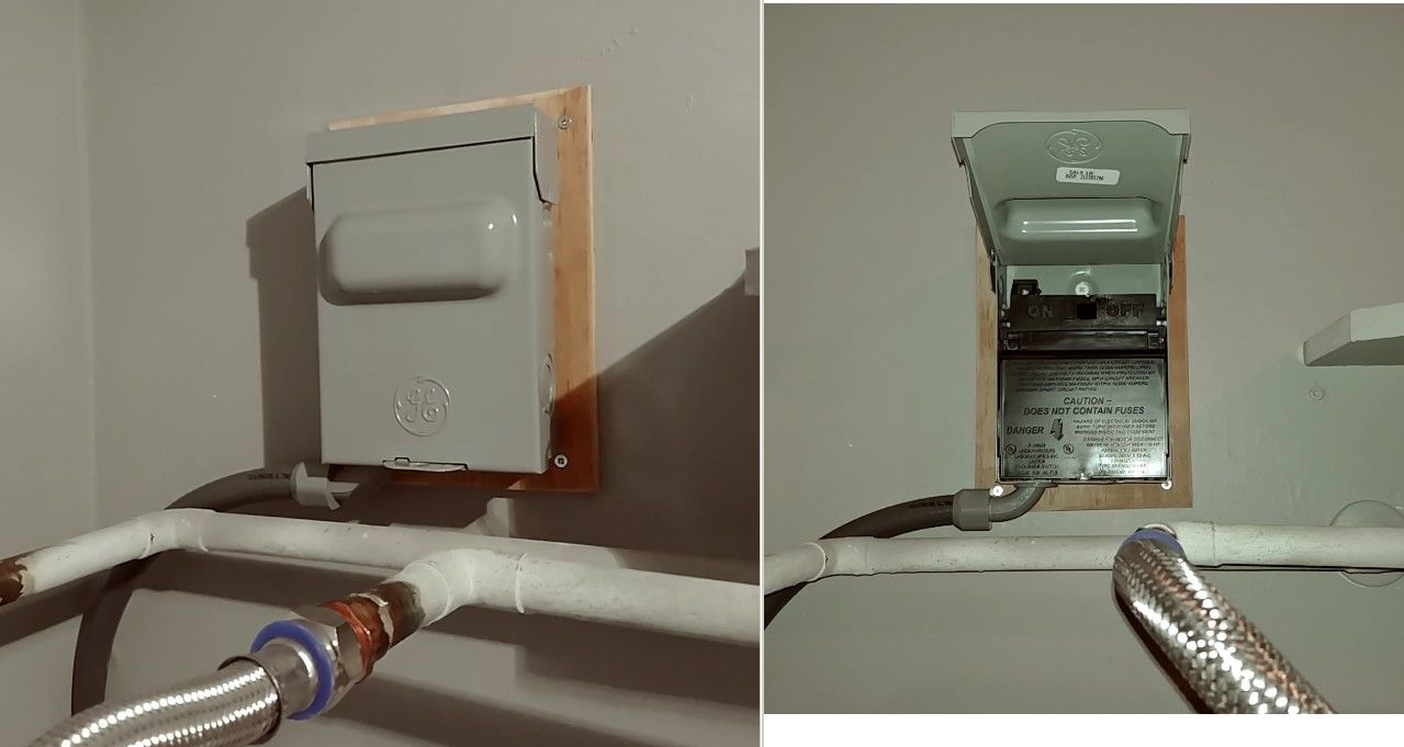 Electrical box, closed then open, on wall with copper pipes below.