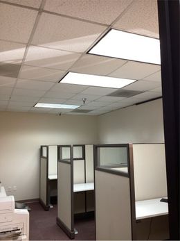 Empty office cubicles under fluorescent lights.