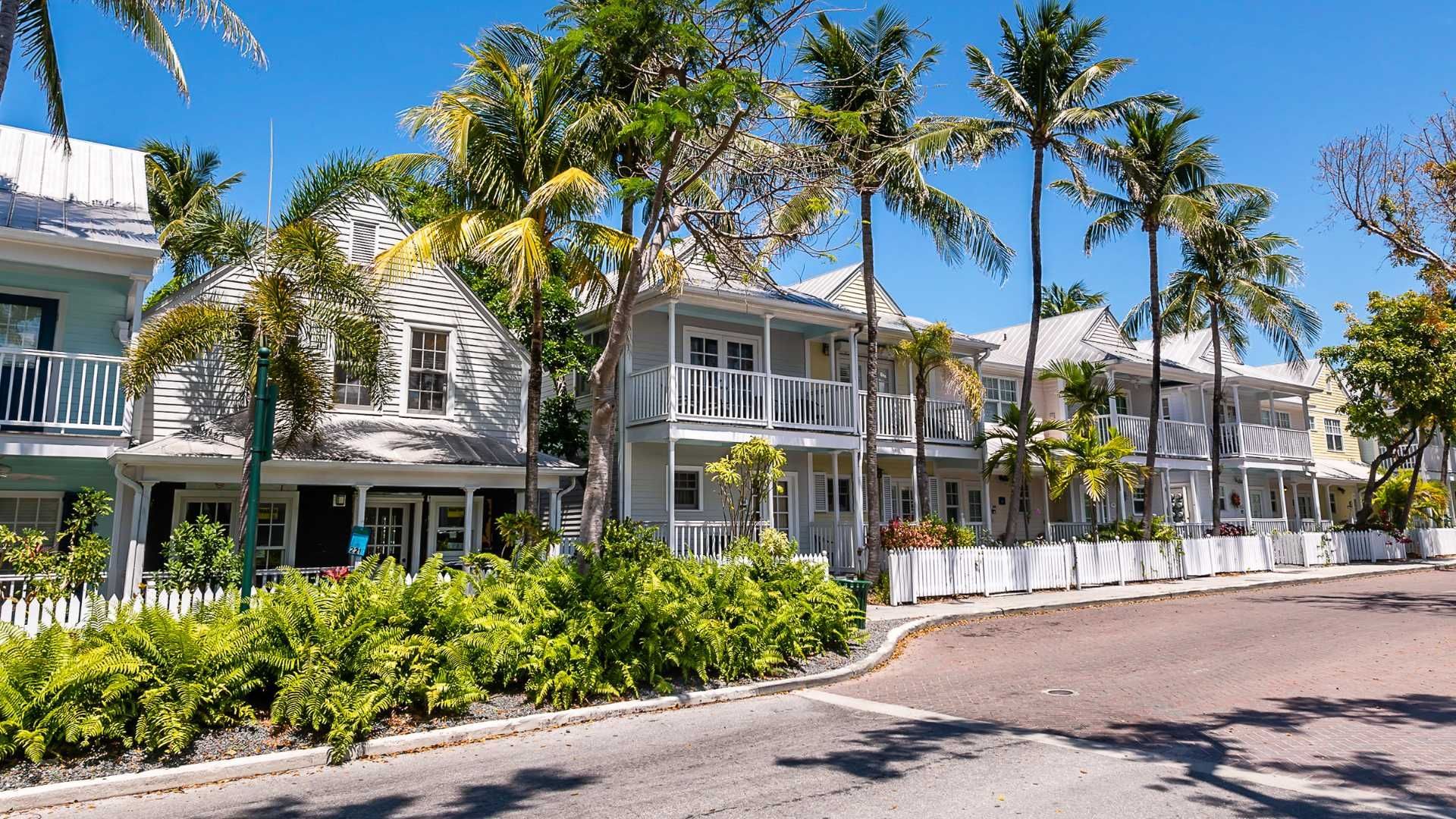 Row of white houses with balconies, palm trees, and a street on a sunny day.
