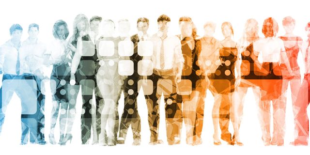 Gruppo di persone con effetto pixelato in vari colori.