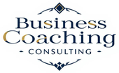 Logotipo de Business Coaching Consulting. Texto y detalles en azul oscuro y dorado.