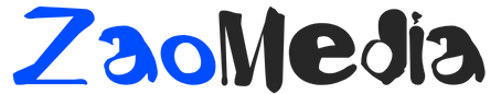 A blue and gray logo for zaomedia on a white background