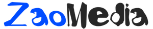 A blue and gray logo for zaomedia on a white background