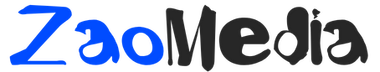 A blue and gray logo for zaomedia on a white background