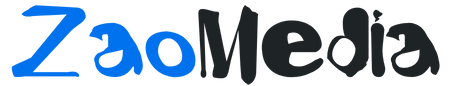 A blue and gray logo for zaomedia on a white background