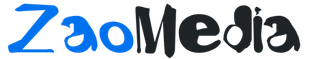 A blue and gray logo for zaomedia on a white background