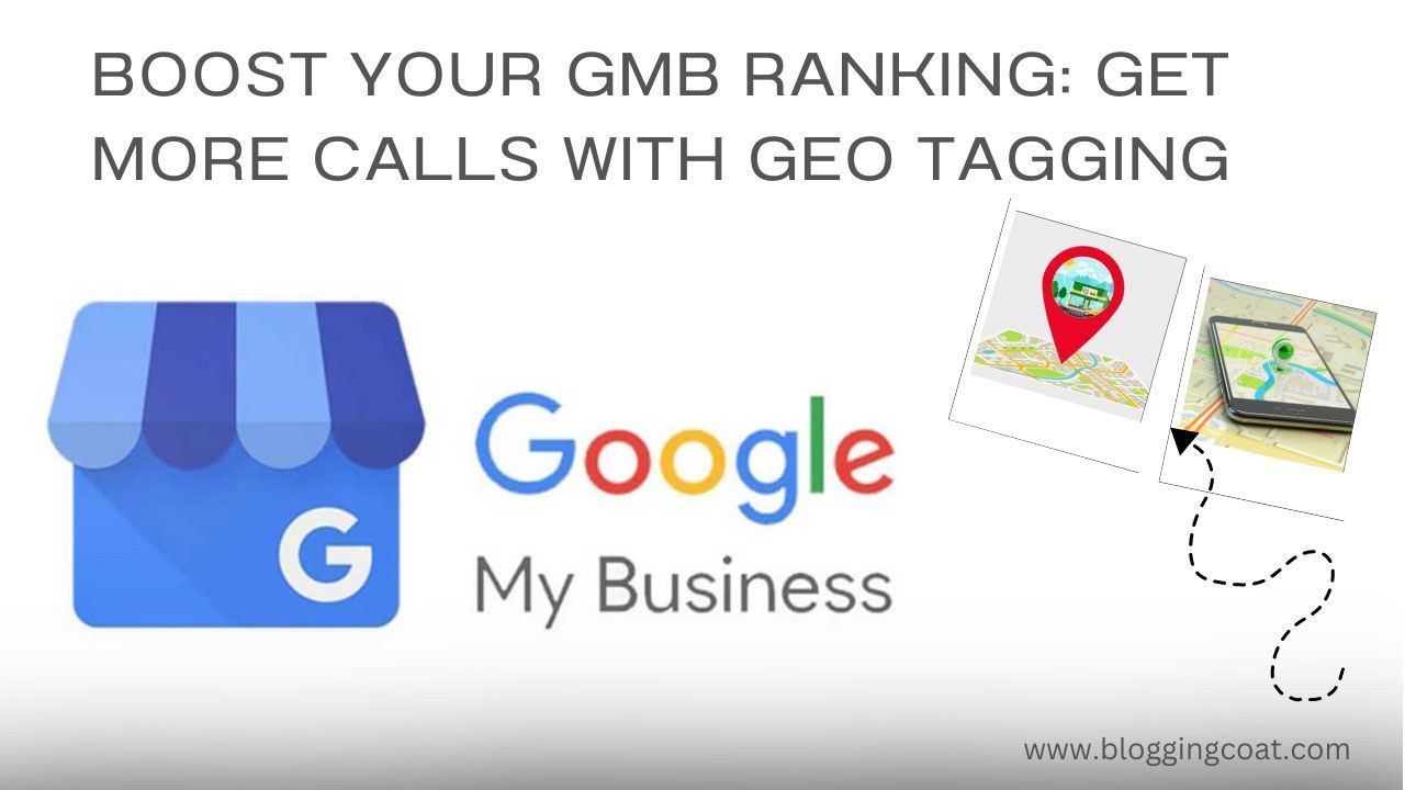 Boost GMB ranking with geo-tagging. Google My Business logo, map pins, and phone icons, encouraging calls.