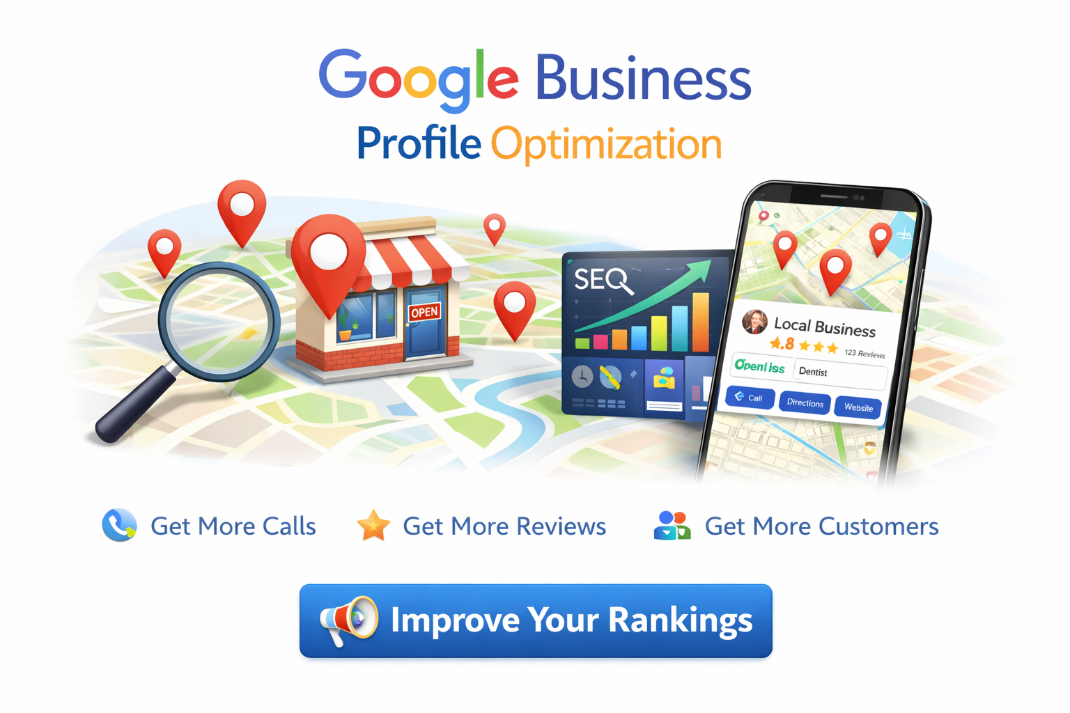 Graphic promoting Google Business Profile optimization, with map, shop, phone, and call-to-action button.