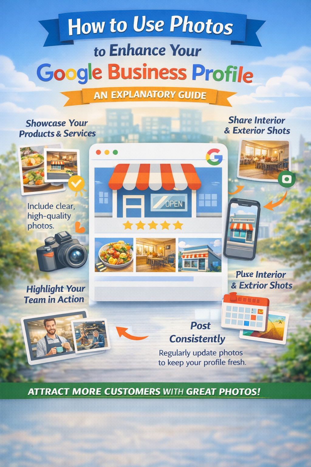 Infographic on using photos to enhance Google Business Profile. Highlights showcasing products, interior/exterior shots, and posting consistently.