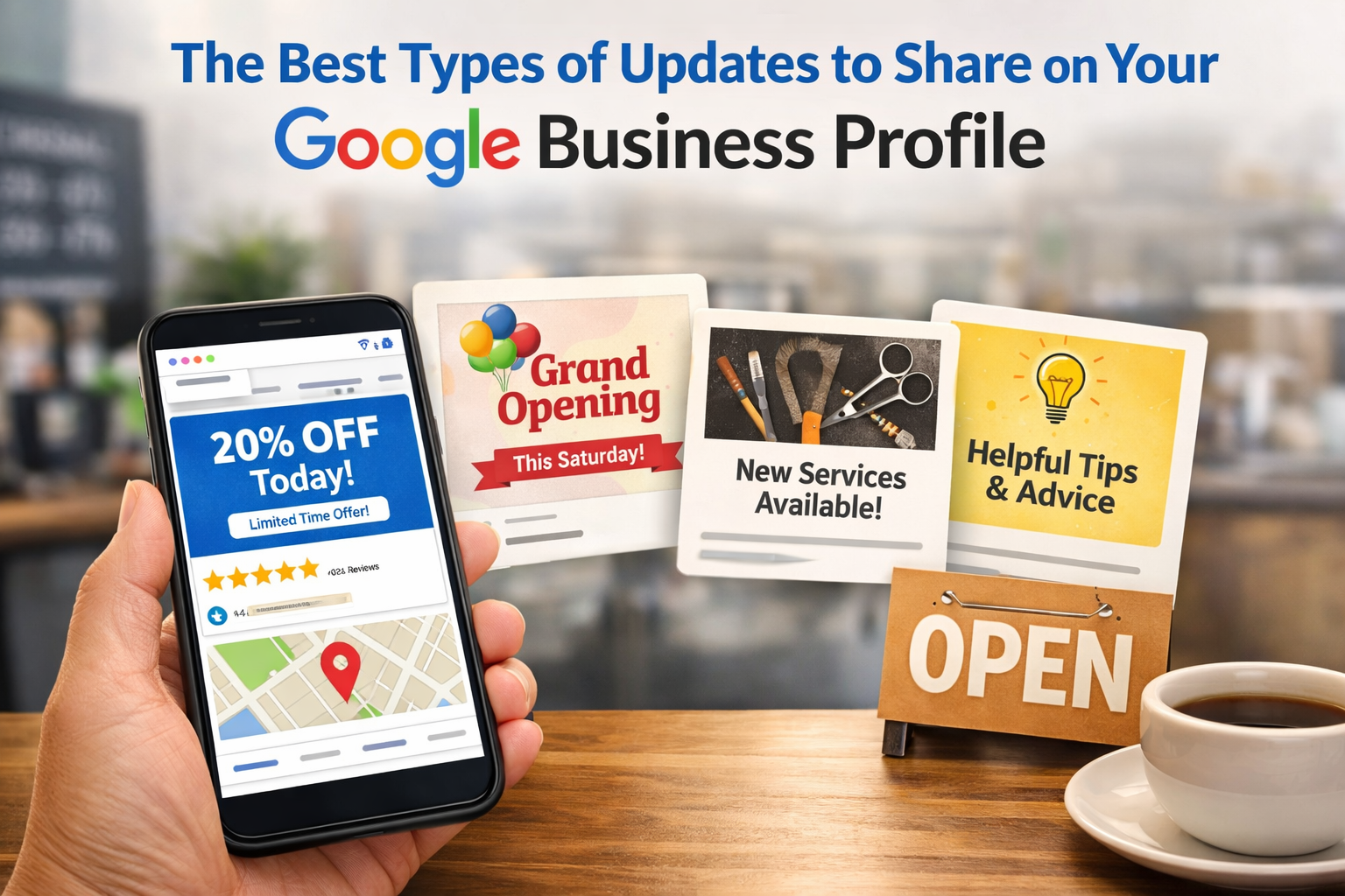 Hand holding phone with a discount offer. Other cards show grand opening, new services, helpful advice, and an open sign.