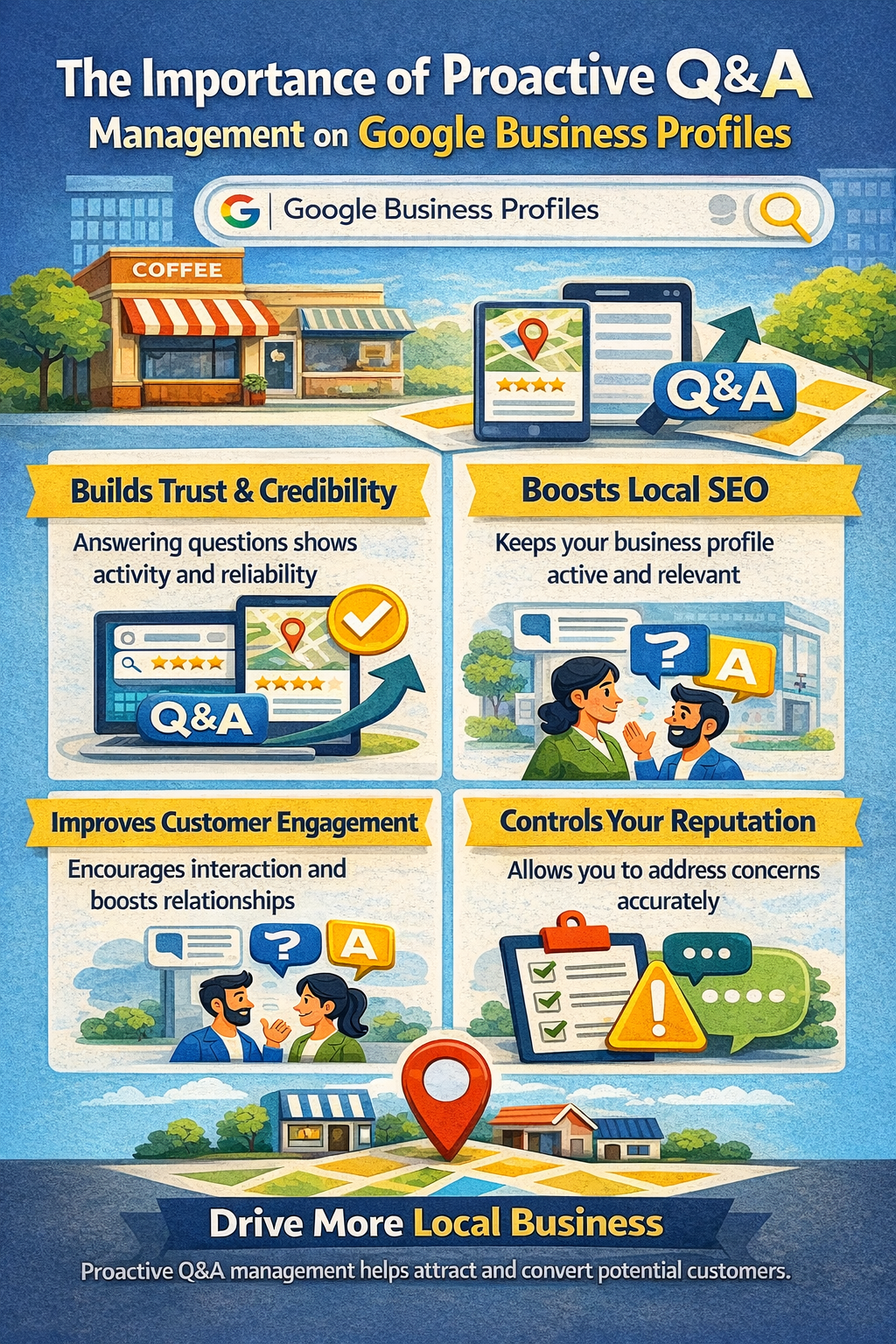 Infographic: Benefits of proactive Q&A management on Google Business Profiles. Includes icons, illustrations, and headings.