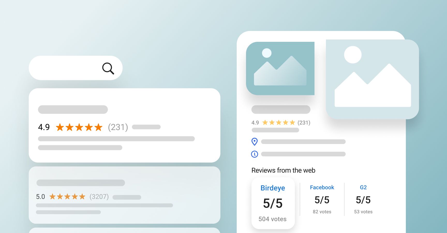 Search results showing hotel listings; photos, ratings, and reviews on a light blue background.