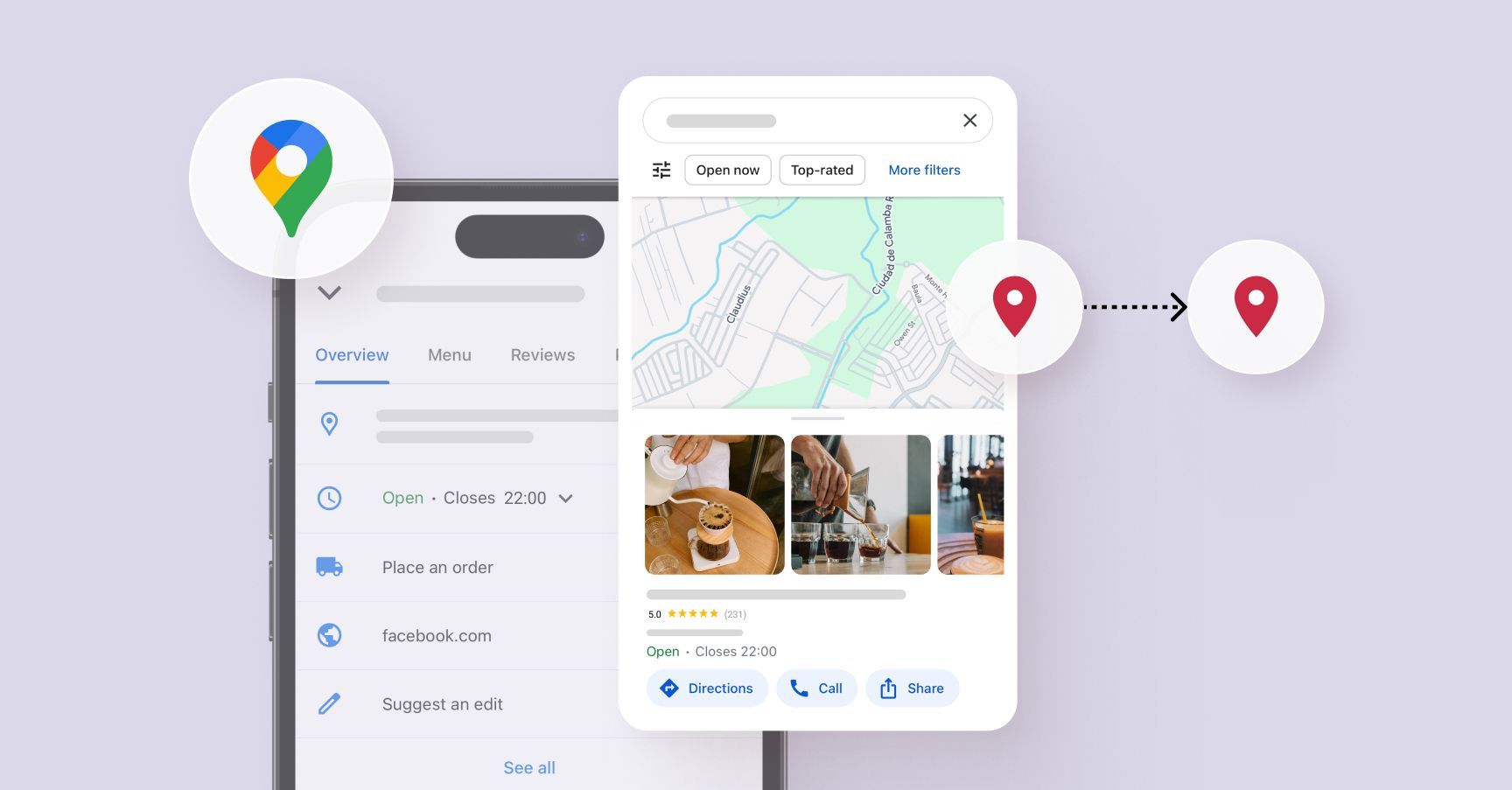 Google Maps interface showing a location search, map with a pin, and user browsing.