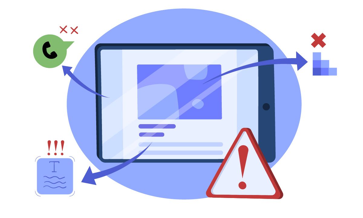 Tablet with alerts: missed calls, error message, poor signal, and warning icon.